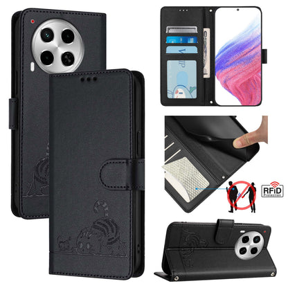 Tecno Camon 30 5G Cat & Rat Embossed RFID Leather Case, Lanyard, Wallet, Card Slots, Kickstand, Anti-Fall, Scratch-Resistant