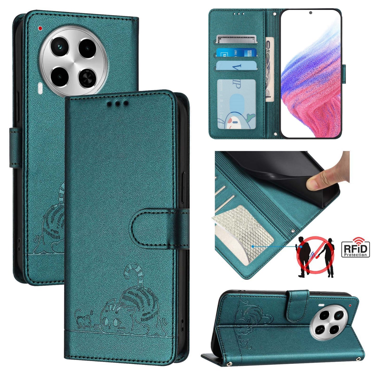 Tecno Camon 30 5G Cat & Rat Embossed RFID Leather Case, Lanyard, Wallet, Card Slots, Kickstand, Anti-Fall, Scratch-Resistant