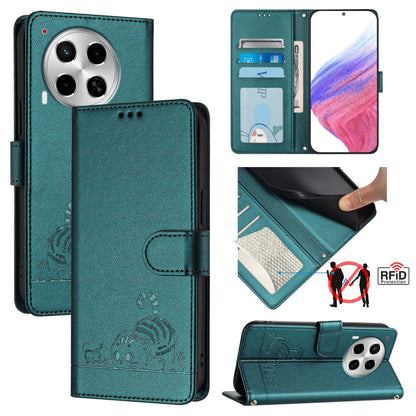 Tecno Camon 30 5G Cat & Rat Embossed RFID Leather Case, Lanyard, Wallet, Card Slots, Kickstand, Anti-Fall, Scratch-Resistant