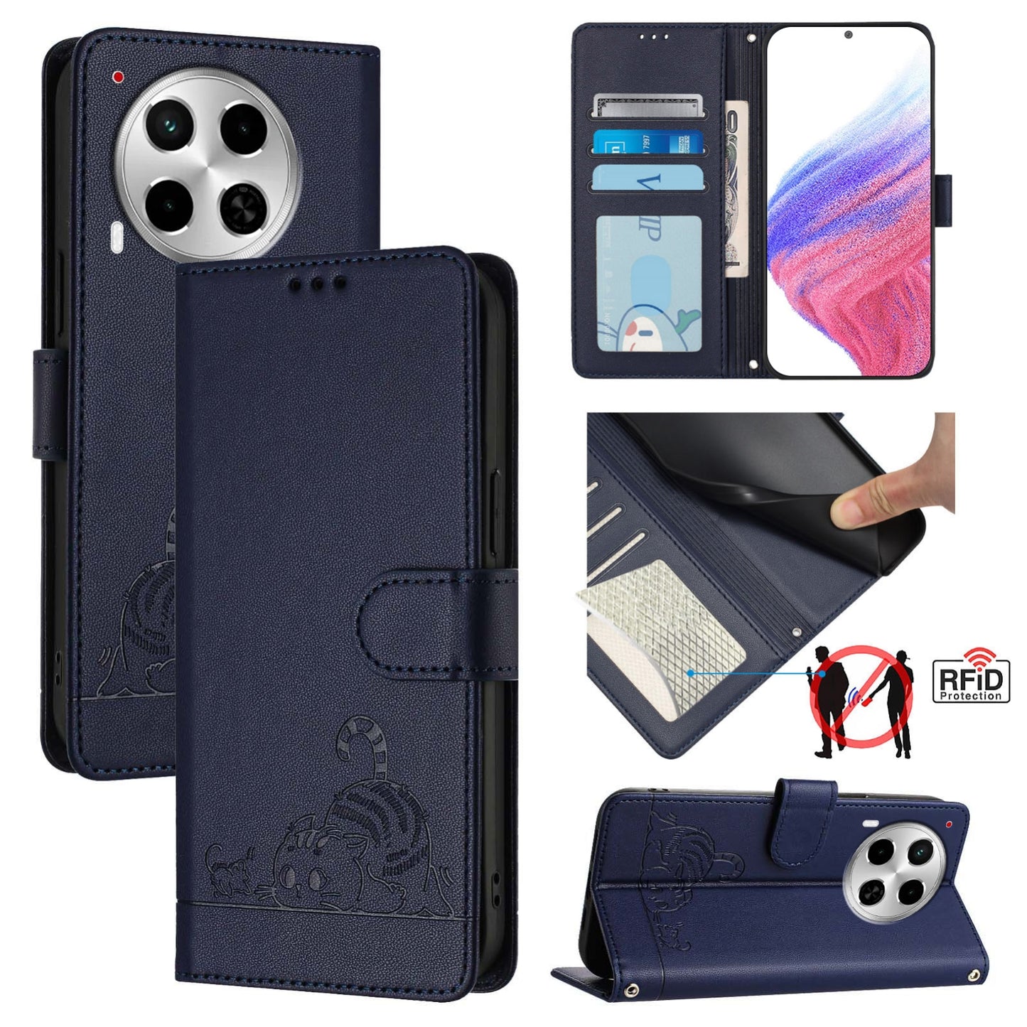 Tecno Camon 30 5G Cat & Rat Embossed RFID Leather Case, Lanyard, Wallet, Card Slots, Kickstand, Anti-Fall, Scratch-Resistant