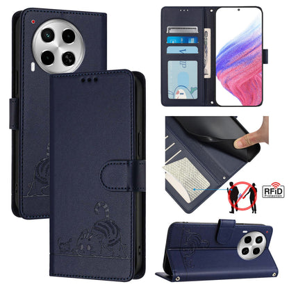 Tecno Camon 30 5G Cat & Rat Embossed RFID Leather Case, Lanyard, Wallet, Card Slots, Kickstand, Anti-Fall, Scratch-Resistant