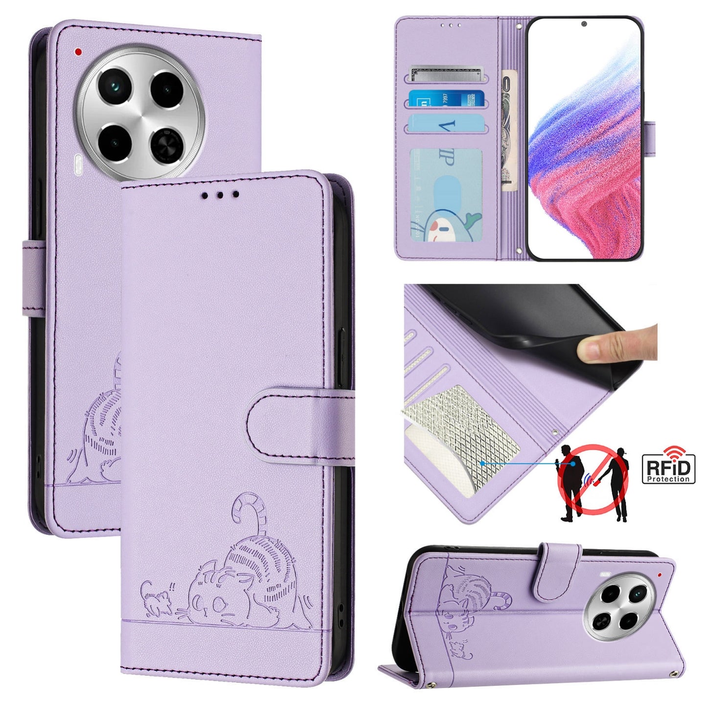Tecno Camon 30 5G Cat & Rat Embossed RFID Leather Case, Lanyard, Wallet, Card Slots, Kickstand, Anti-Fall, Scratch-Resistant