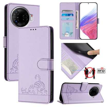 Tecno Camon 30 Pro 5G Cat & Rat Embossed RFID Leather Case, Lanyard, Wallet, Card Slots, Kickstand, Anti-Fall, Scratch-Resistant