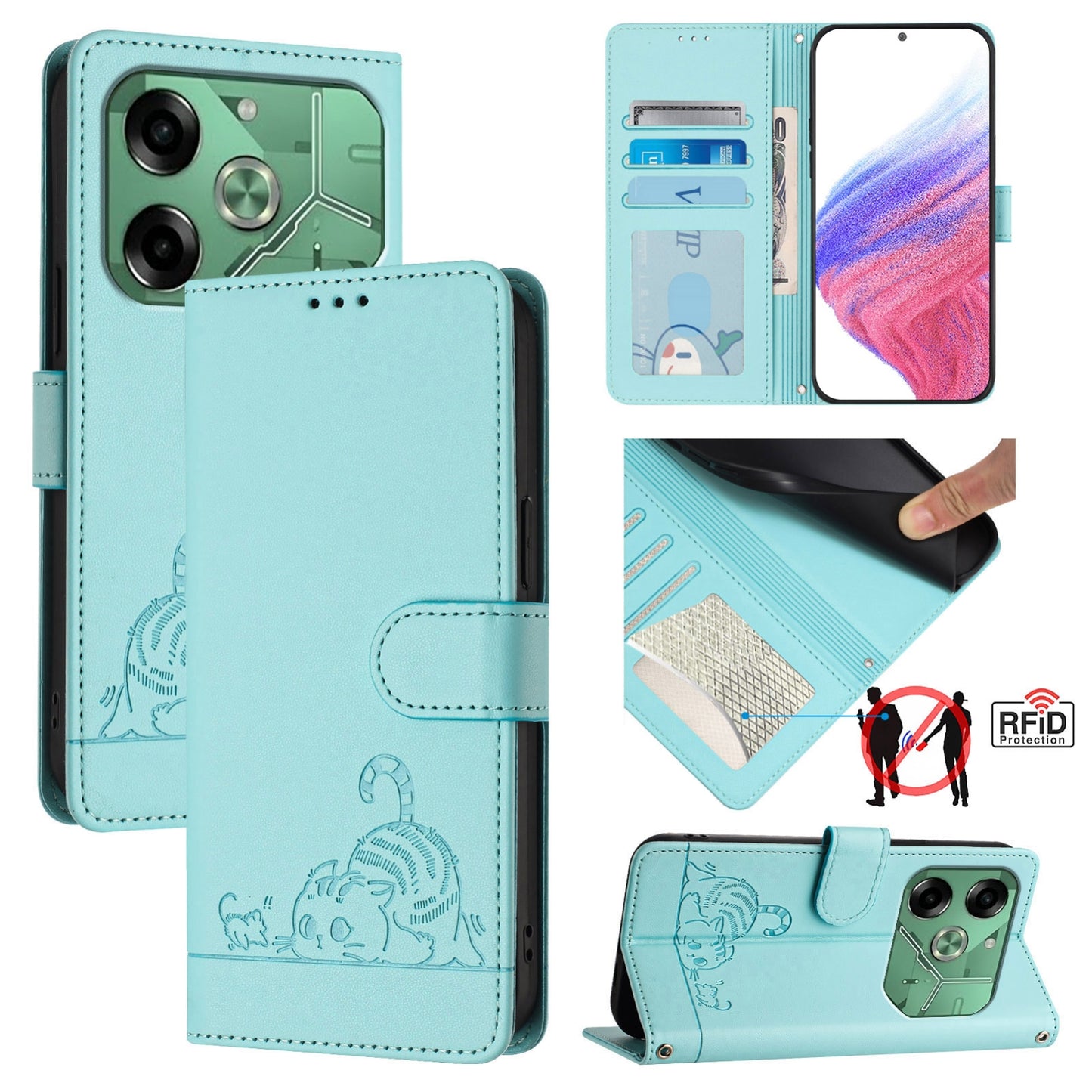 Tecno Pova 6 4G Cat & Rat Embossed RFID Leather Case, Lanyard, Wallet, Card Slots, Kickstand, Anti-Fall, Scratch-Resistant