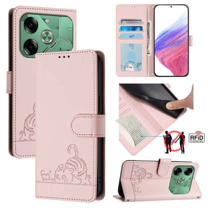 Tecno Pova 6 4G Cat & Rat Embossed RFID Leather Case, Lanyard, Wallet, Card Slots, Kickstand, Anti-Fall, Scratch-Resistant