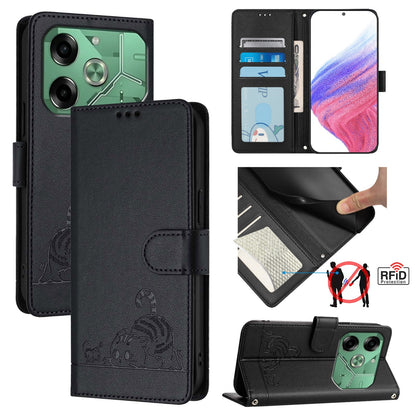 Tecno Pova 6 4G Cat & Rat Embossed RFID Leather Case, Lanyard, Wallet, Card Slots, Kickstand, Anti-Fall, Scratch-Resistant