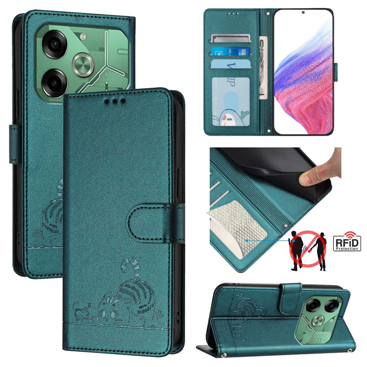 Tecno Pova 6 4G Cat & Rat Embossed RFID Leather Case, Lanyard, Wallet, Card Slots, Kickstand, Anti-Fall, Scratch-Resistant
