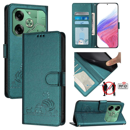 Tecno Pova 6 4G Cat & Rat Embossed RFID Leather Case, Lanyard, Wallet, Card Slots, Kickstand, Anti-Fall, Scratch-Resistant