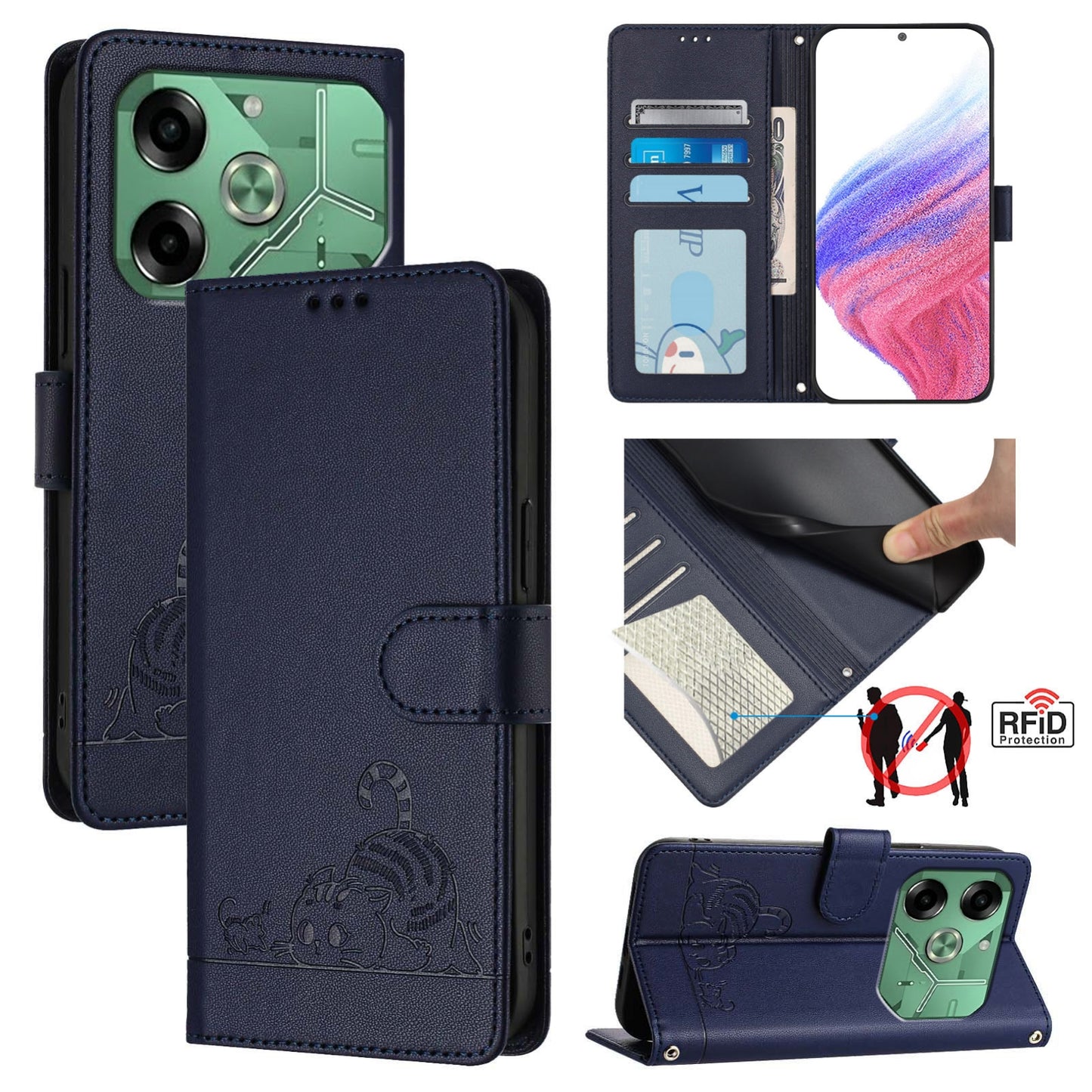Tecno Pova 6 4G Cat & Rat Embossed RFID Leather Case, Lanyard, Wallet, Card Slots, Kickstand, Anti-Fall, Scratch-Resistant