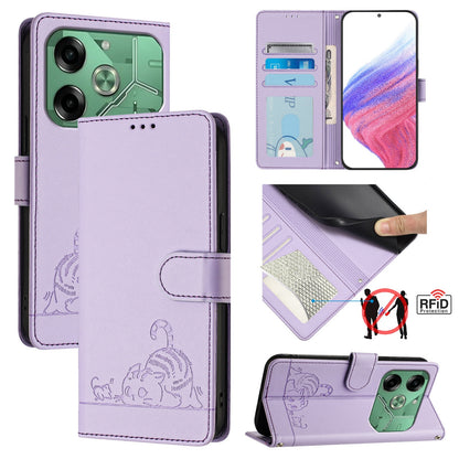 Tecno Pova 6 4G Cat & Rat Embossed RFID Leather Case, Lanyard, Wallet, Card Slots, Kickstand, Anti-Fall, Scratch-Resistant