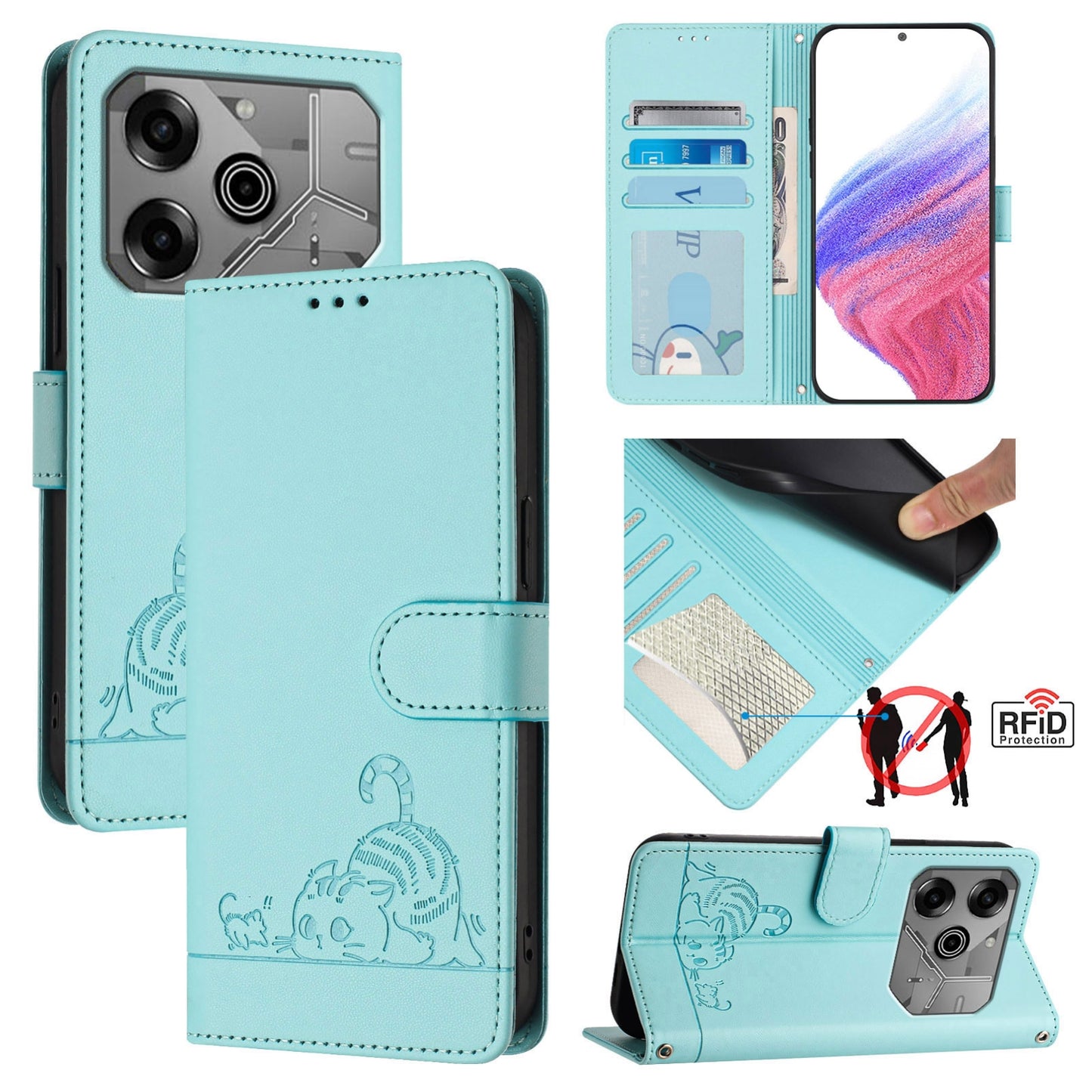 Tecno Pova 6 Neo Cat & Rat Embossed RFID Leather Case, Lanyard, Wallet, Card Slots, Kickstand, Anti-Fall, Scratch-Resistant