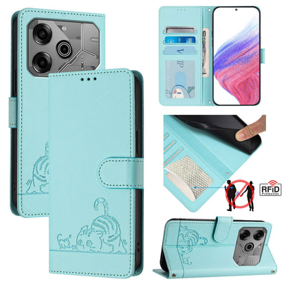 Tecno Pova 6 Neo Cat & Rat Embossed RFID Leather Case, Lanyard, Wallet, Card Slots, Kickstand, Anti-Fall, Scratch-Resistant