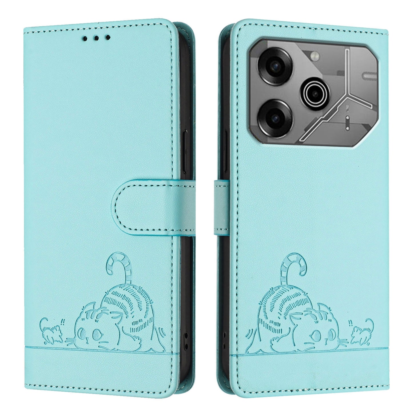 Tecno Pova 6 Neo Cat & Rat Embossed RFID Leather Case, Lanyard, Wallet, Card Slots, Kickstand, Anti-Fall, Scratch-Resistant