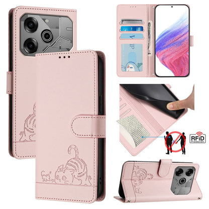 Tecno Pova 6 Neo Cat & Rat Embossed RFID Leather Case, Lanyard, Wallet, Card Slots, Kickstand, Anti-Fall, Scratch-Resistant