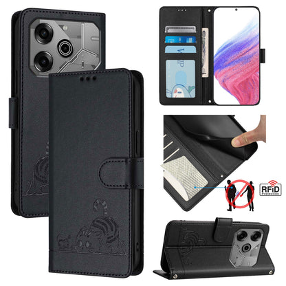 Tecno Pova 6 Neo Cat & Rat Embossed RFID Leather Case, Lanyard, Wallet, Card Slots, Kickstand, Anti-Fall, Scratch-Resistant