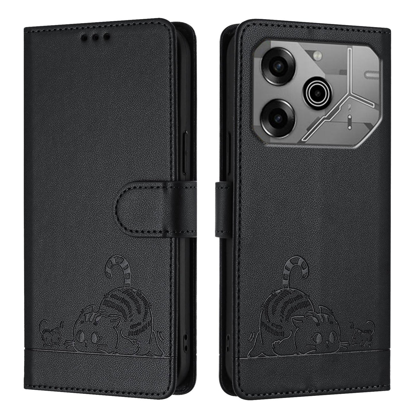Tecno Pova 6 Neo Cat & Rat Embossed RFID Leather Case, Lanyard, Wallet, Card Slots, Kickstand, Anti-Fall, Scratch-Resistant