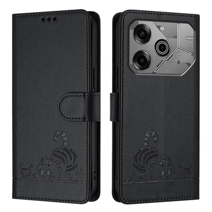 Tecno Pova 6 Neo Cat & Rat Embossed RFID Leather Case, Lanyard, Wallet, Card Slots, Kickstand, Anti-Fall, Scratch-Resistant