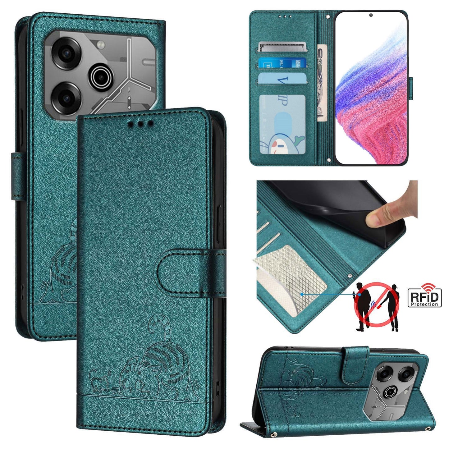 Tecno Pova 6 Neo Cat & Rat Embossed RFID Leather Case, Lanyard, Wallet, Card Slots, Kickstand, Anti-Fall, Scratch-Resistant