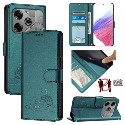 Tecno Pova 6 Neo Cat & Rat Embossed RFID Leather Case, Lanyard, Wallet, Card Slots, Kickstand, Anti-Fall, Scratch-Resistant
