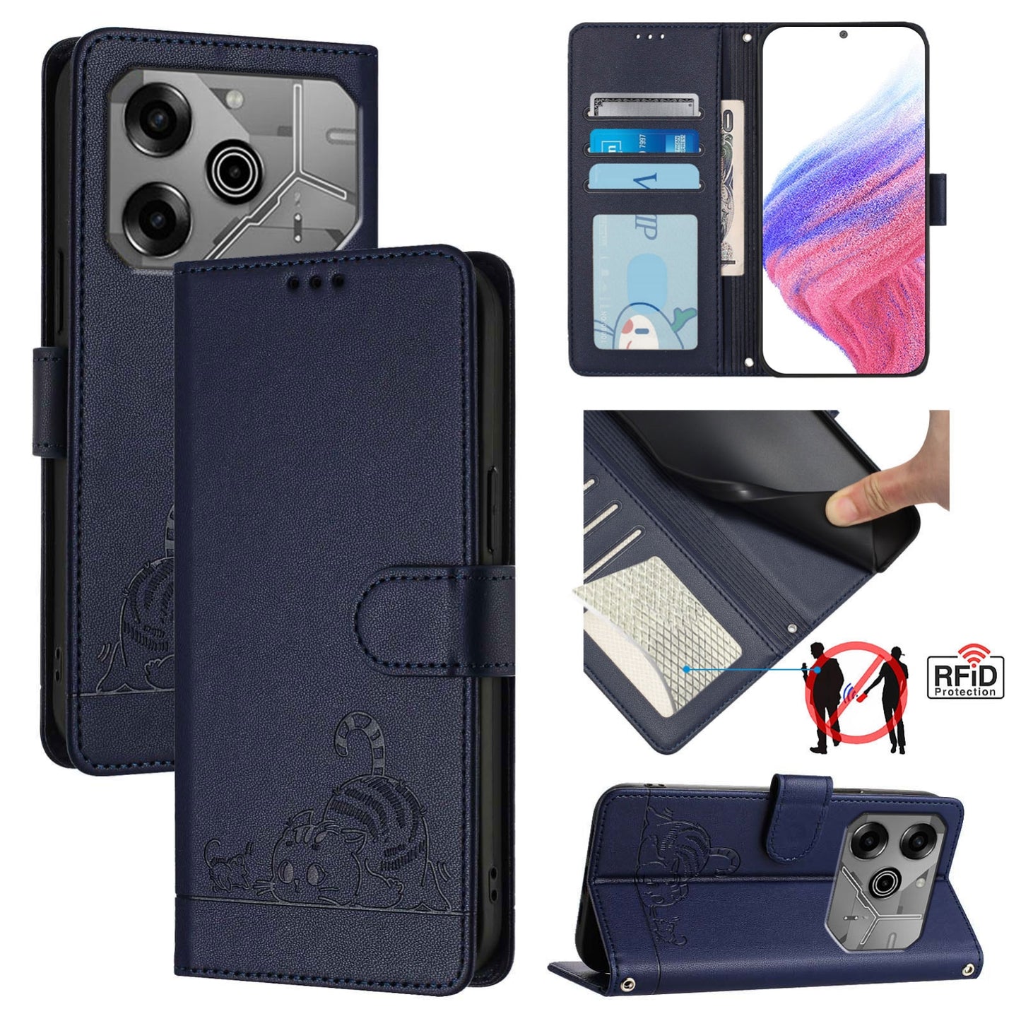 Tecno Pova 6 Neo Cat & Rat Embossed RFID Leather Case, Lanyard, Wallet, Card Slots, Kickstand, Anti-Fall, Scratch-Resistant