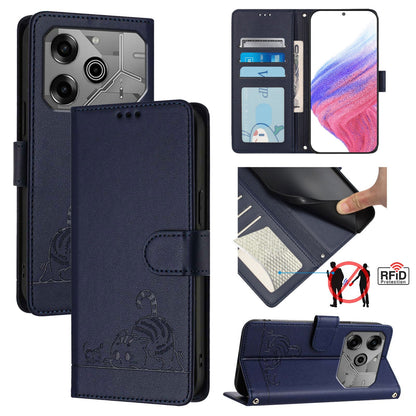 Tecno Pova 6 Neo Cat & Rat Embossed RFID Leather Case, Lanyard, Wallet, Card Slots, Kickstand, Anti-Fall, Scratch-Resistant