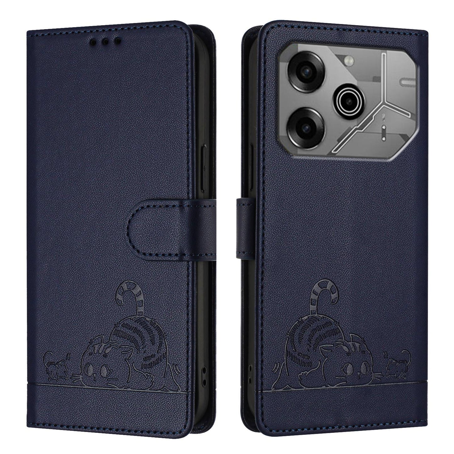 Tecno Pova 6 Neo Cat & Rat Embossed RFID Leather Case, Lanyard, Wallet, Card Slots, Kickstand, Anti-Fall, Scratch-Resistant