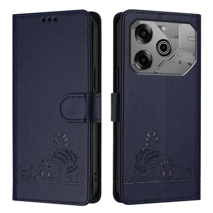 Tecno Pova 6 Neo Cat & Rat Embossed RFID Leather Case, Lanyard, Wallet, Card Slots, Kickstand, Anti-Fall, Scratch-Resistant