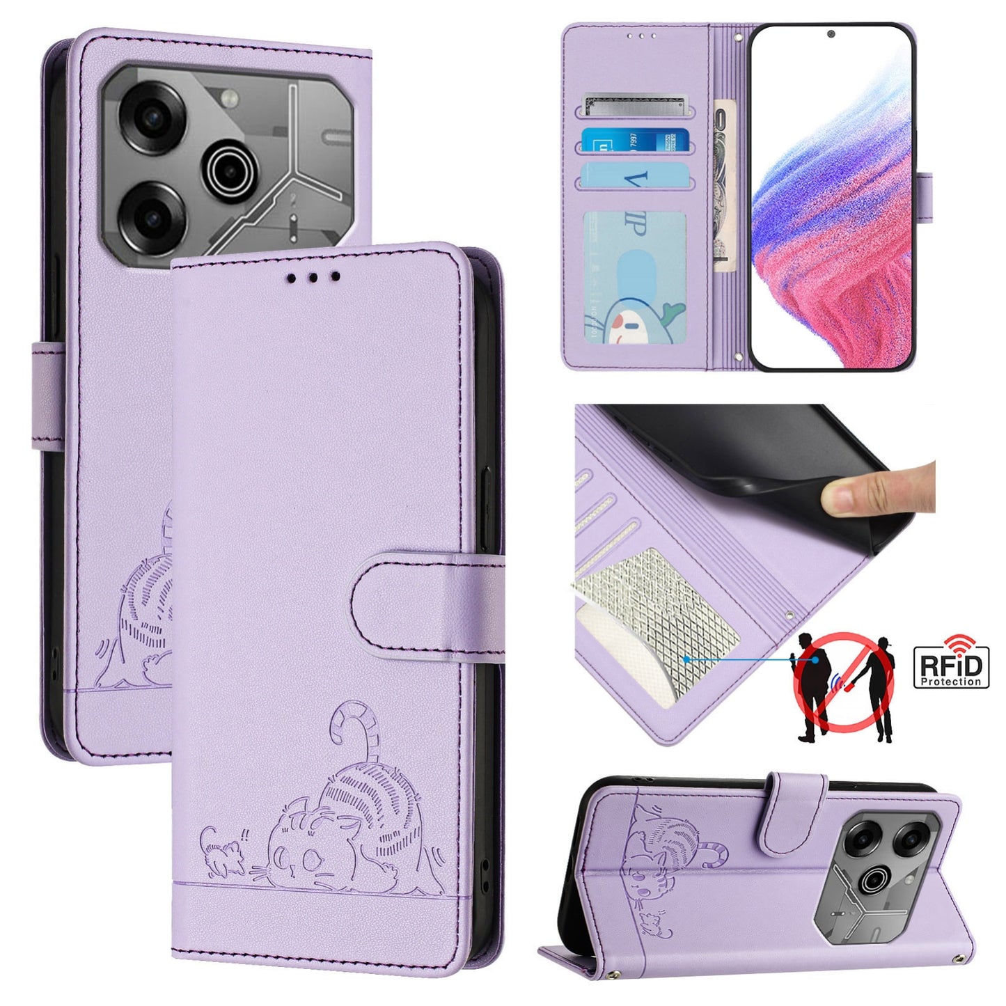 Tecno Pova 6 Neo Cat & Rat Embossed RFID Leather Case, Lanyard, Wallet, Card Slots, Kickstand, Anti-Fall, Scratch-Resistant