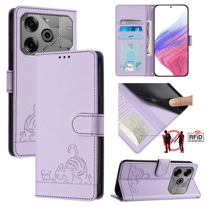 Tecno Pova 6 Neo Cat & Rat Embossed RFID Leather Case, Lanyard, Wallet, Card Slots, Kickstand, Anti-Fall, Scratch-Resistant
