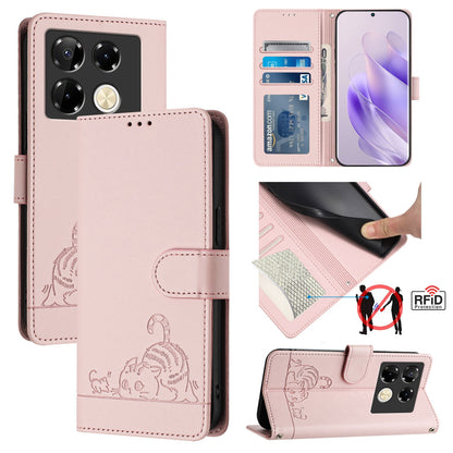 Infinix Note 40 Pro 4G X6850 Cat & Rat Embossed RFID Leather Case, Lanyard, Wallet, Card Slots, Kickstand, Anti-Fall, Scratch-Resistant
