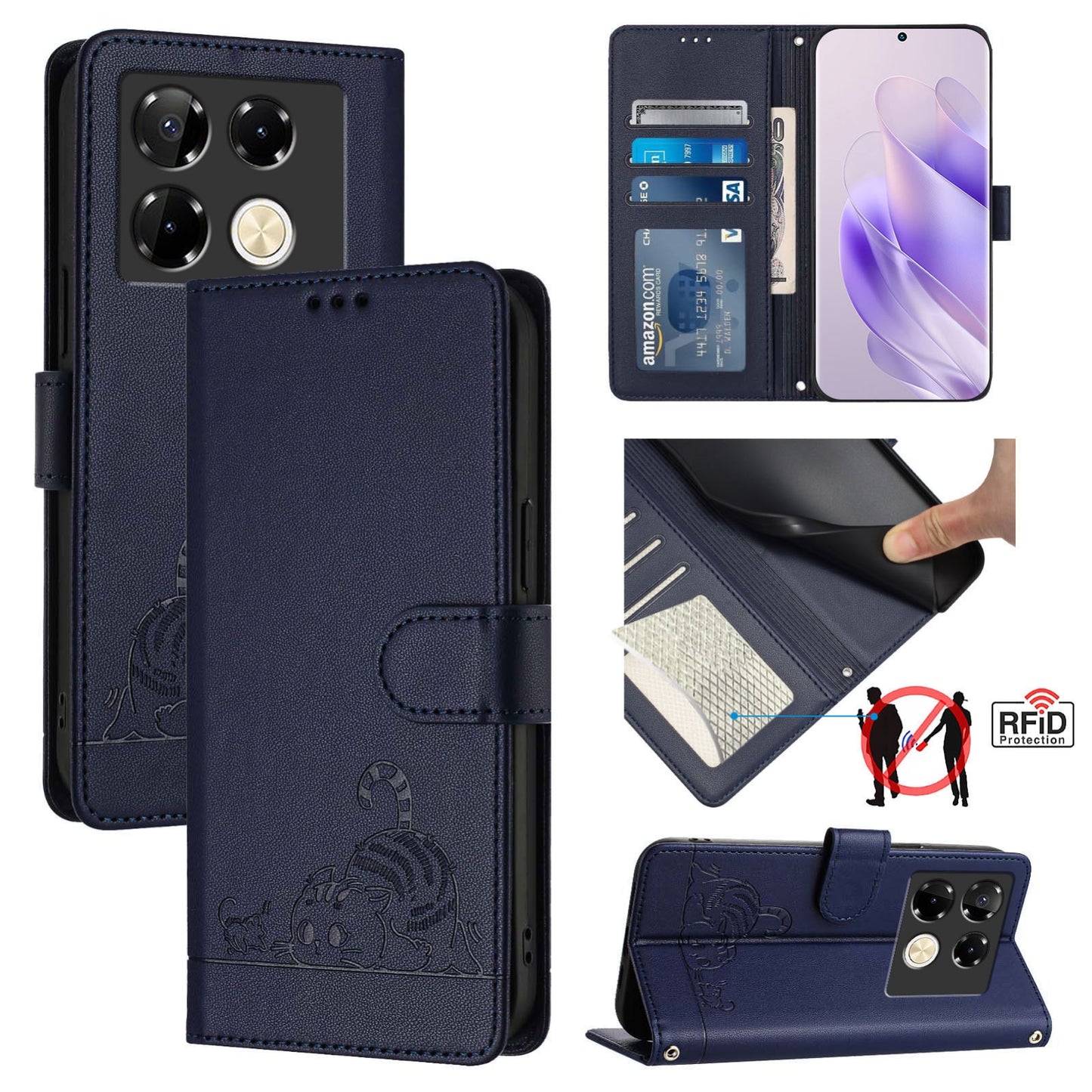 Infinix Note 40 Pro 5G X6851 Cat & Rat Embossed RFID Leather Case, Lanyard, Wallet, Card Slots, Kickstand, Anti-Fall, Scratch-Resistant