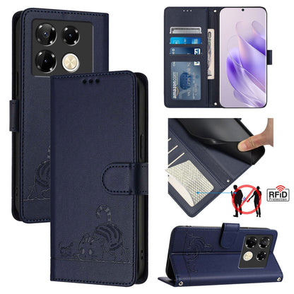 Infinix Note 40 Pro 5G X6851 Cat & Rat Embossed RFID Leather Case, Lanyard, Wallet, Card Slots, Kickstand, Anti-Fall, Scratch-Resistant