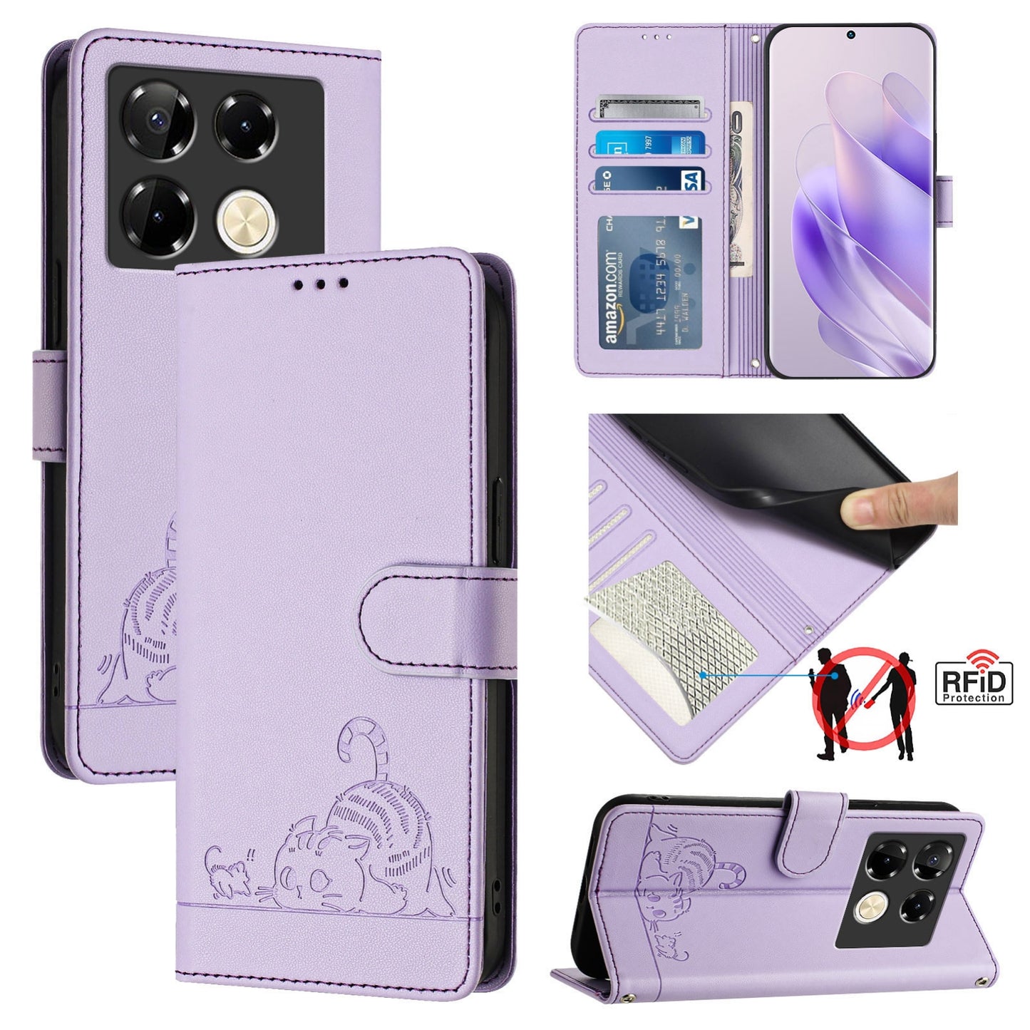 Infinix Note 40 Pro 5G X6851 Cat & Rat Embossed RFID Leather Case, Lanyard, Wallet, Card Slots, Kickstand, Anti-Fall, Scratch-Resistant