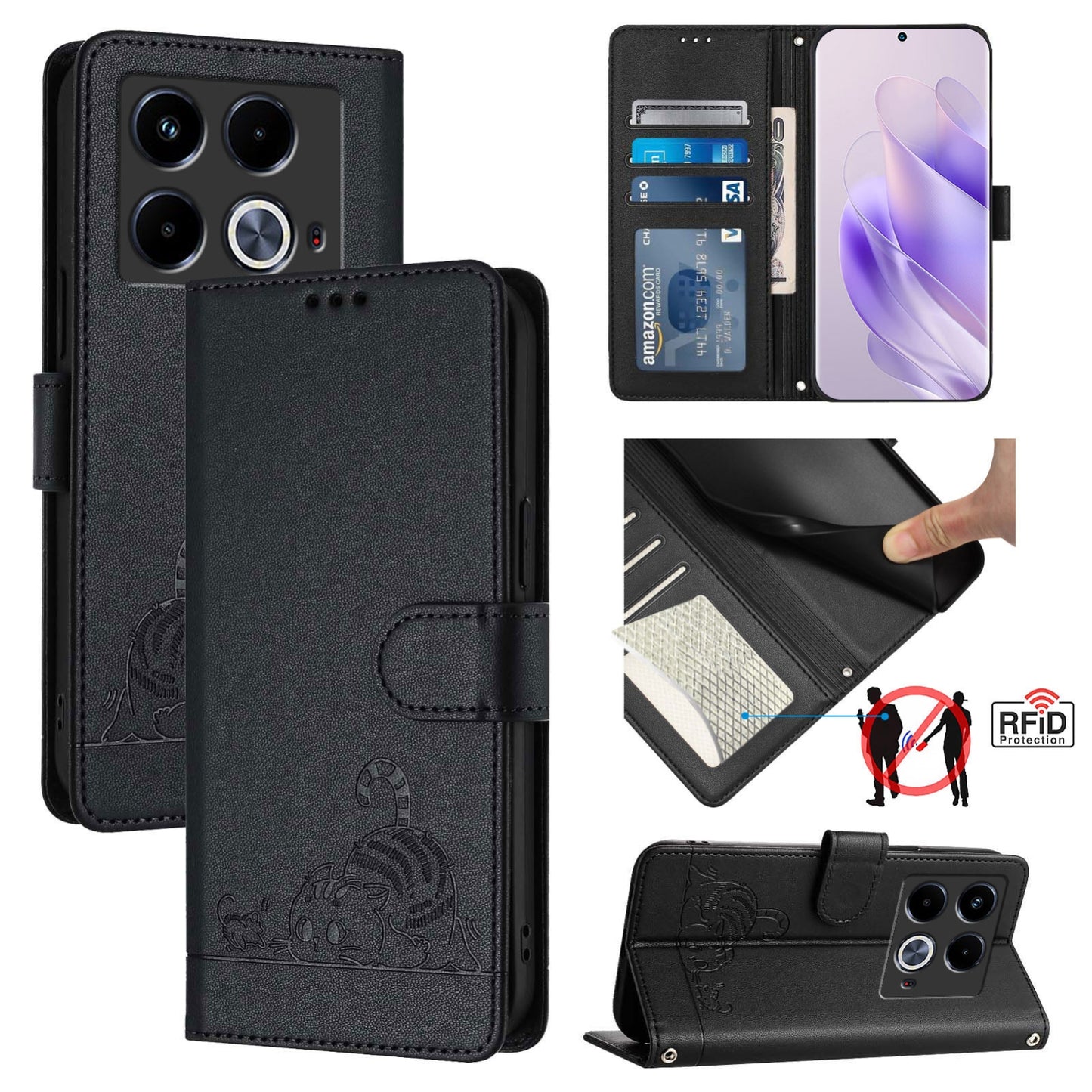 Infinix Note 40 Cat & Rat Embossed RFID Leather Case, Lanyard, Wallet, Card Slots, Kickstand, Anti-Fall, Scratch-Resistant