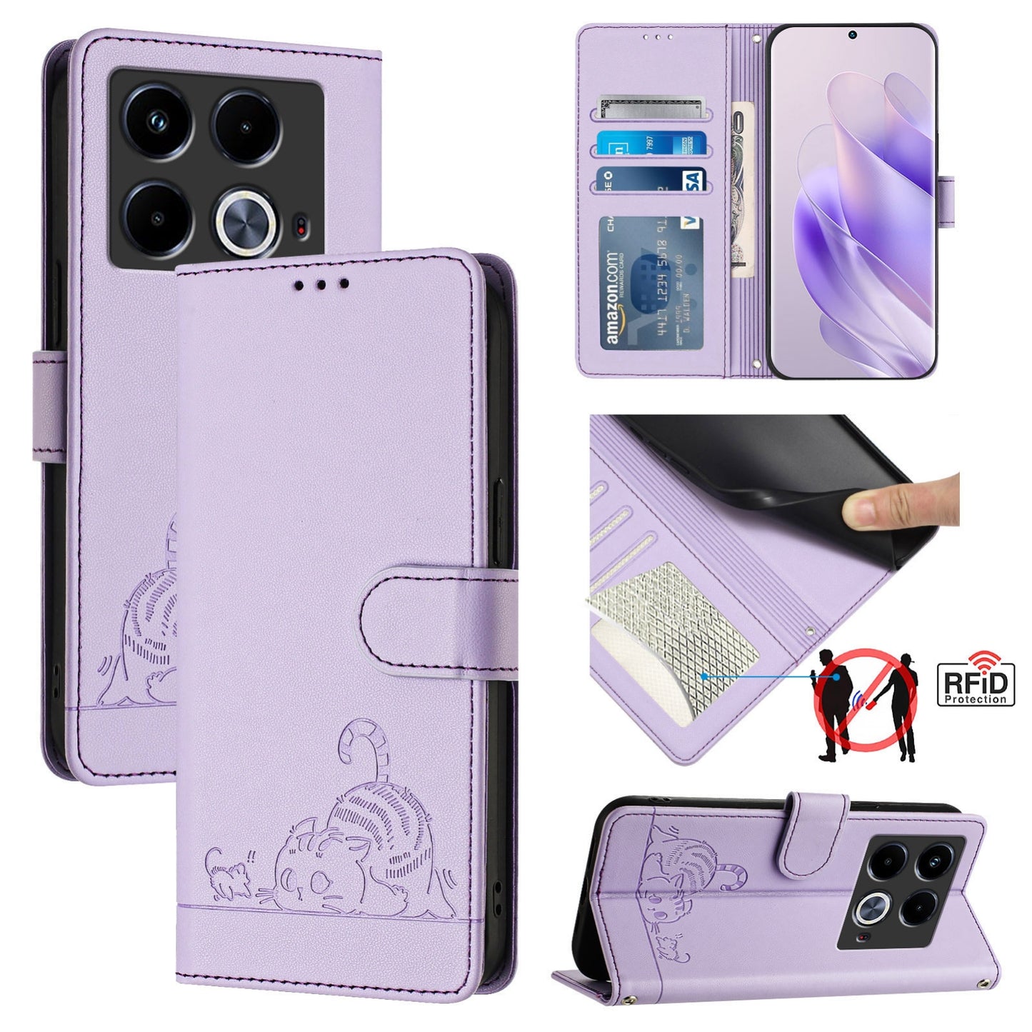 Infinix Note 40 Cat & Rat Embossed RFID Leather Case, Lanyard, Wallet, Card Slots, Kickstand, Anti-Fall, Scratch-Resistant