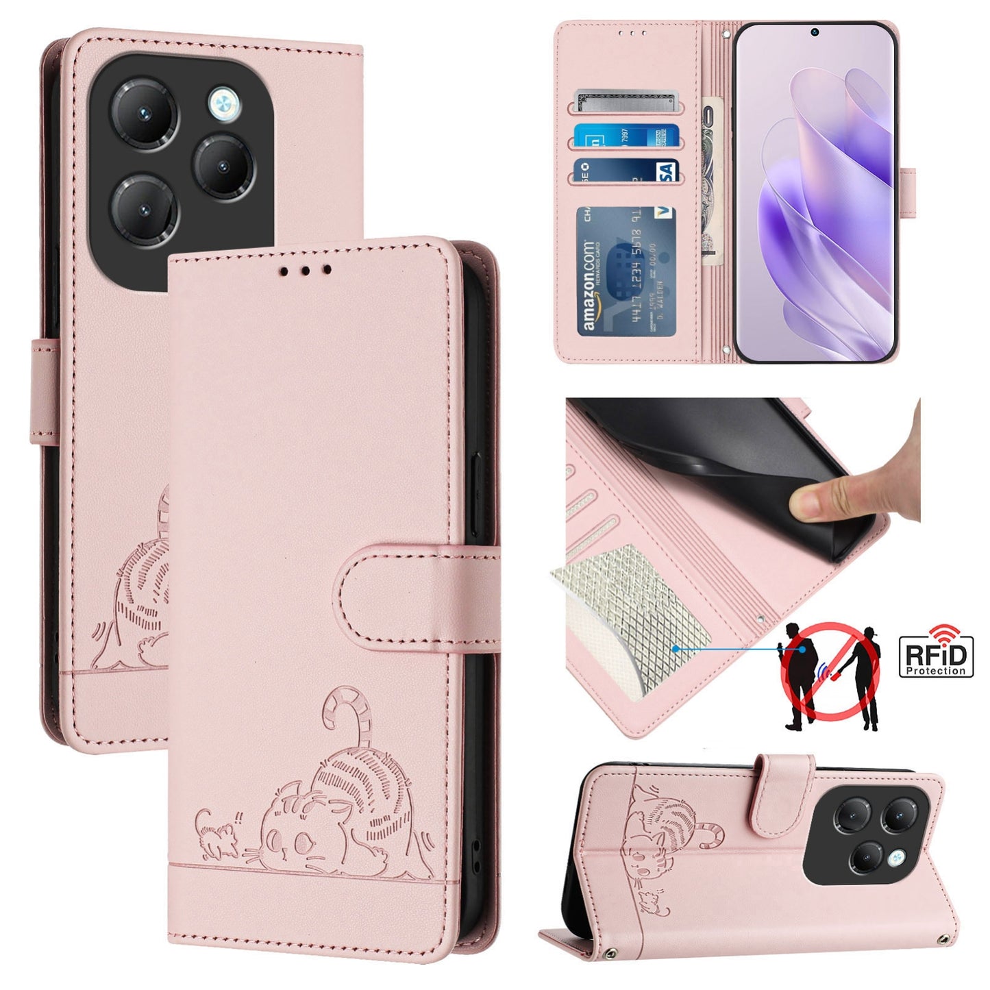 Infinix Hot 40 Pro Cat & Rat Embossed RFID Leather Case, Lanyard, Wallet, Card Slots, Kickstand, Anti-Fall, Scratch-Resistant