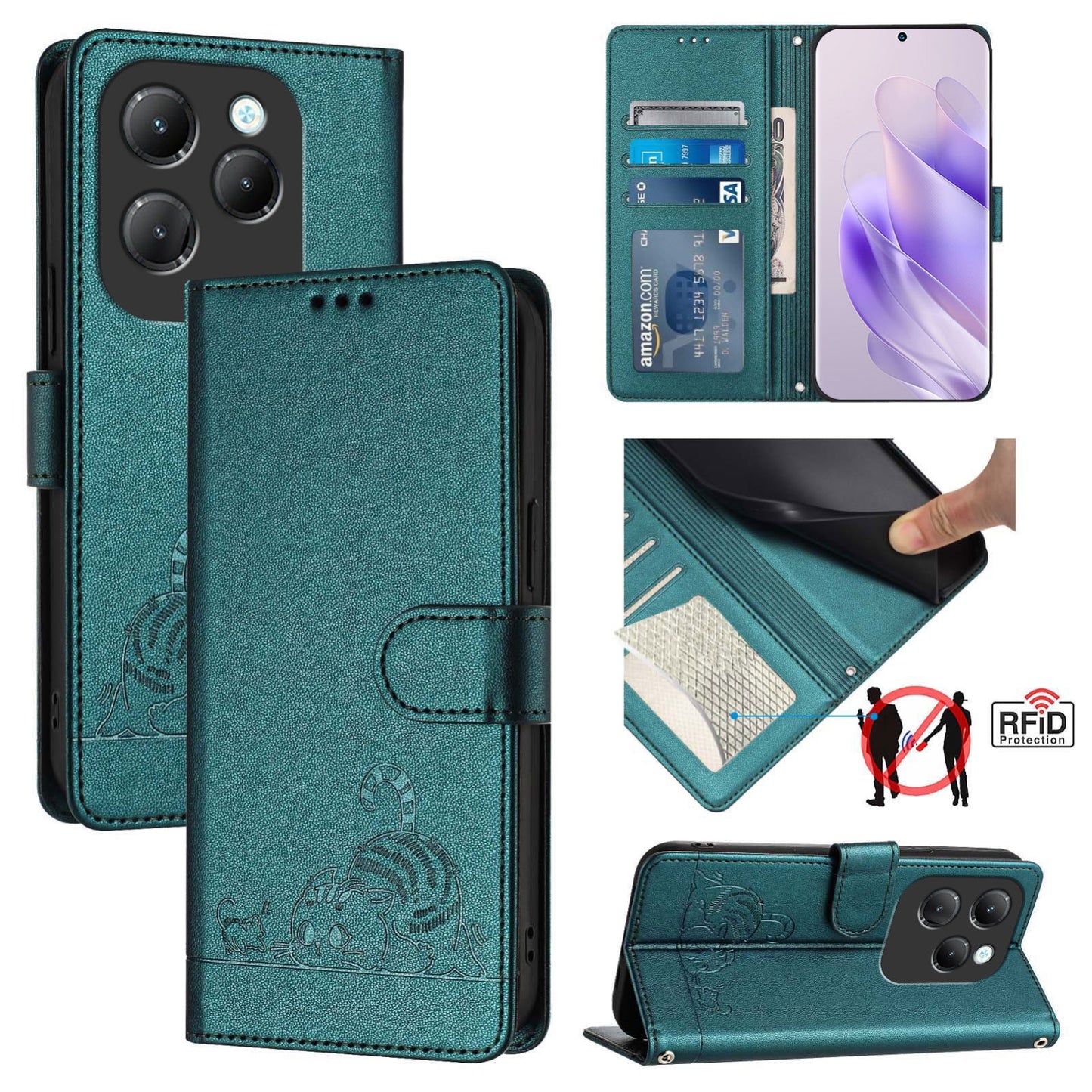 Infinix Hot 40 Cat & Rat Embossed RFID Leather Case, Lanyard, Wallet, Card Slots, Kickstand, Anti-Fall, Scratch-Resistant