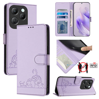 Infinix Hot 40 Pro Cat & Rat Embossed RFID Leather Case, Lanyard, Wallet, Card Slots, Kickstand, Anti-Fall, Scratch-Resistant