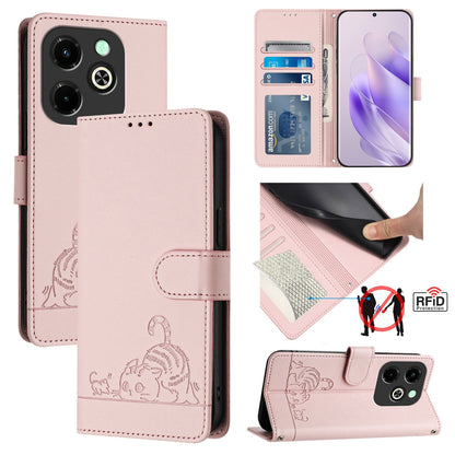 Infinix Hot 40I Cat & Rat Embossed RFID Leather Case, Lanyard, Wallet, Card Slots, Kickstand, Anti-Fall, Scratch-Resistant