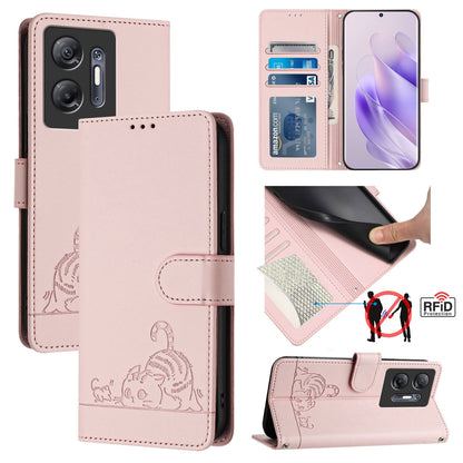 Infinix Hot 30 5G Cat & Rat Embossed RFID Leather Case, Lanyard, Wallet, Card Slots, Kickstand, Anti-Fall, Scratch-Resistant