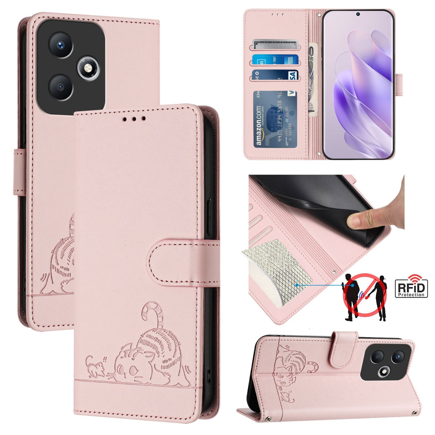 Infinix Hot 30 Play NFC Cat & Rat Embossed RFID Leather Case, Lanyard, Wallet, Card Slots, Kickstand, Anti-Fall, Scratch-Resistant