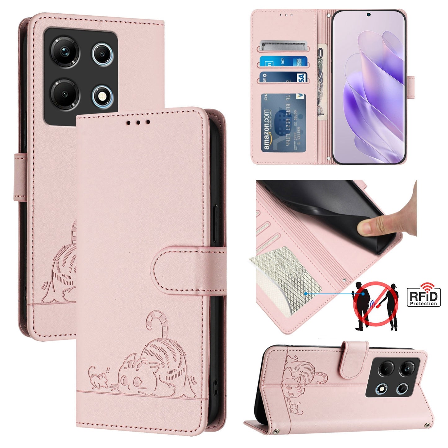 Infinix Note 30 4G X6833B Cat & Rat Embossed RFID Leather Case, Lanyard, Wallet, Card Slots, Kickstand, Anti-Fall, Scratch-Resistant