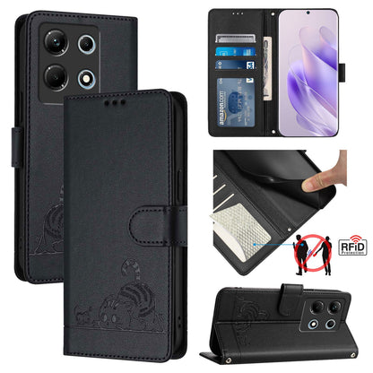 Infinix Note 30 4G X6833B Cat & Rat Embossed RFID Leather Case, Lanyard, Wallet, Card Slots, Kickstand, Anti-Fall, Scratch-Resistant