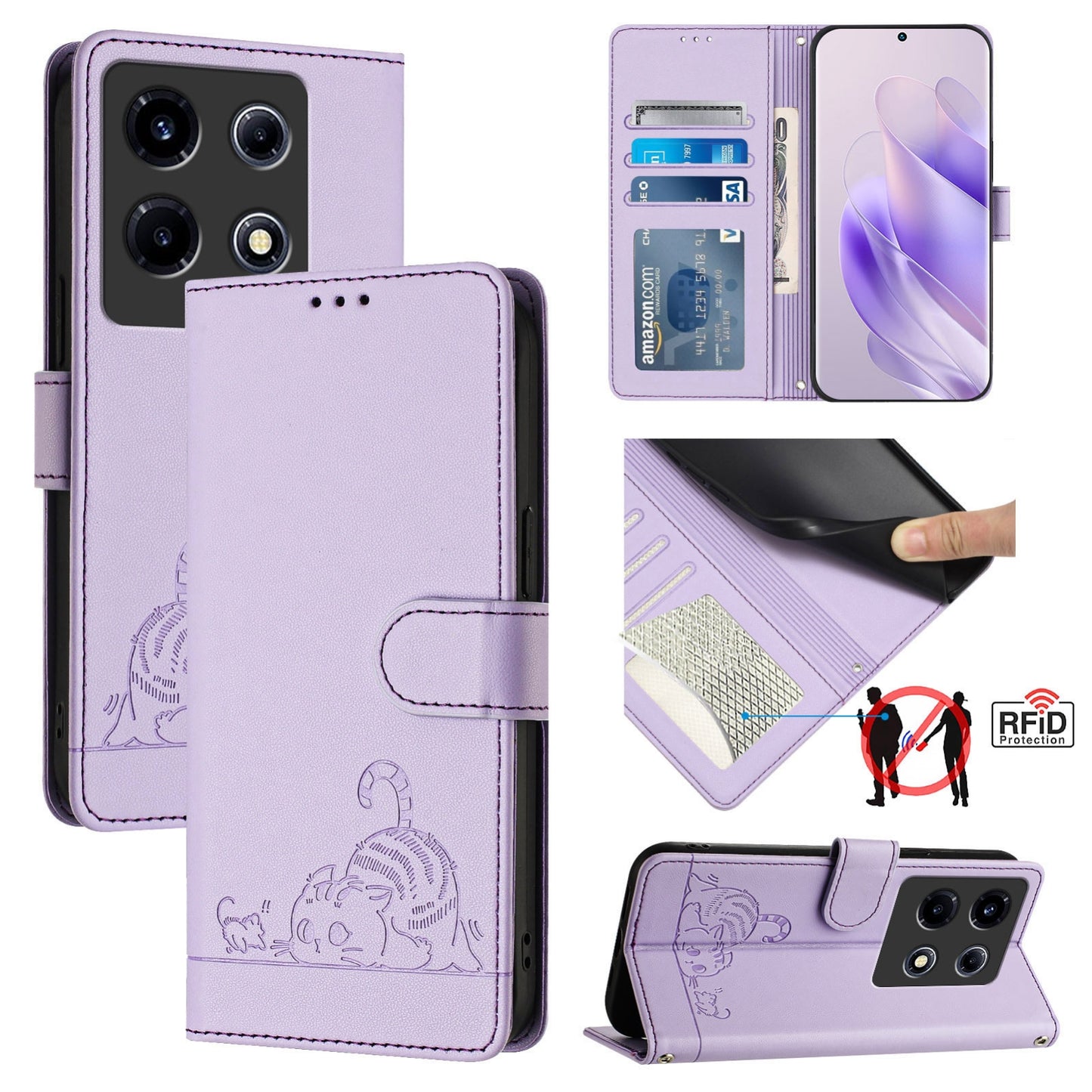 Infinix Note 30 VIP Cat & Rat Embossed RFID Leather Case, Lanyard, Wallet, Card Slots, Kickstand, Anti-Fall, Scratch-Resistant