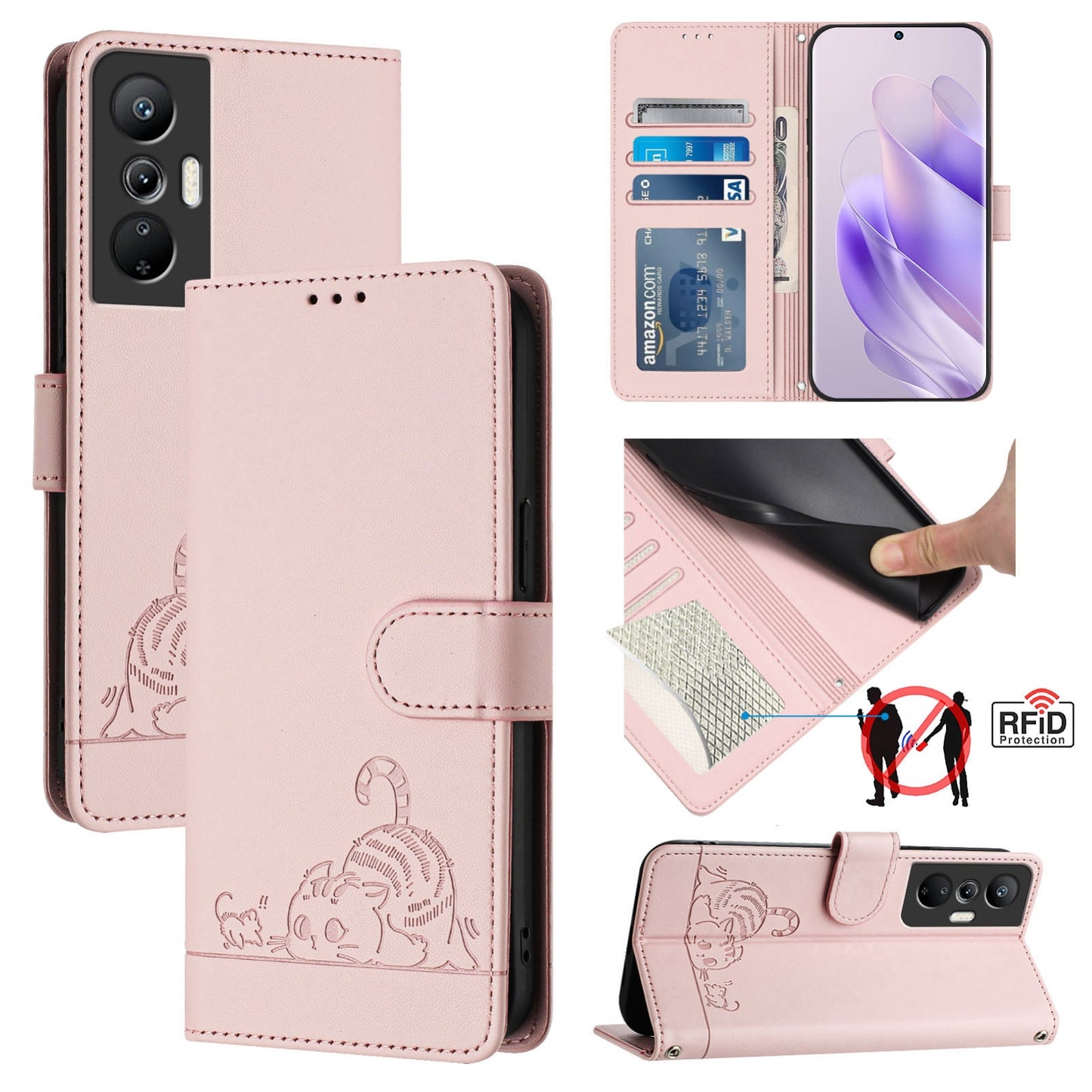 Infinix Hot 20S Cat & Rat Embossed RFID Leather Case, Lanyard, Wallet, Card Slots, Kickstand, Anti-Fall, Scratch-Resistant