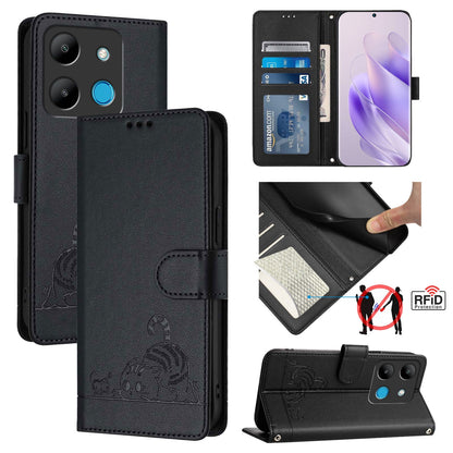 Infinix Smart 7 X6515 Cat & Rat Embossed RFID Leather Case, Lanyard, Wallet, Card Slots, Kickstand, Anti-Fall, Scratch-Resistant