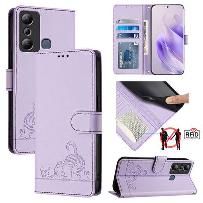 Infinix Hot 20I X665E Cat & Rat Embossed RFID Leather Case, Lanyard, Wallet, Card Slots, Kickstand, Anti-Fall, Scratch-Resistant