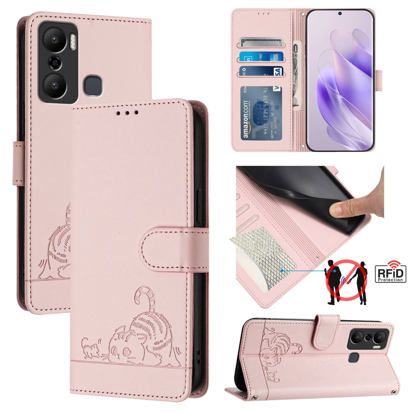 Infinix Hot 20 Play Cat & Rat Embossed RFID Leather Case, Lanyard, Wallet, Card Slots, Kickstand, Anti-Fall, Scratch-Resistant
