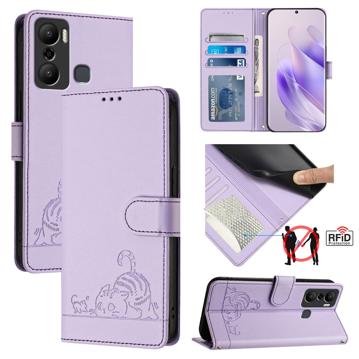 Infinix Hot 20 Play Cat & Rat Embossed RFID Leather Case, Lanyard, Wallet, Card Slots, Kickstand, Anti-Fall, Scratch-Resistant