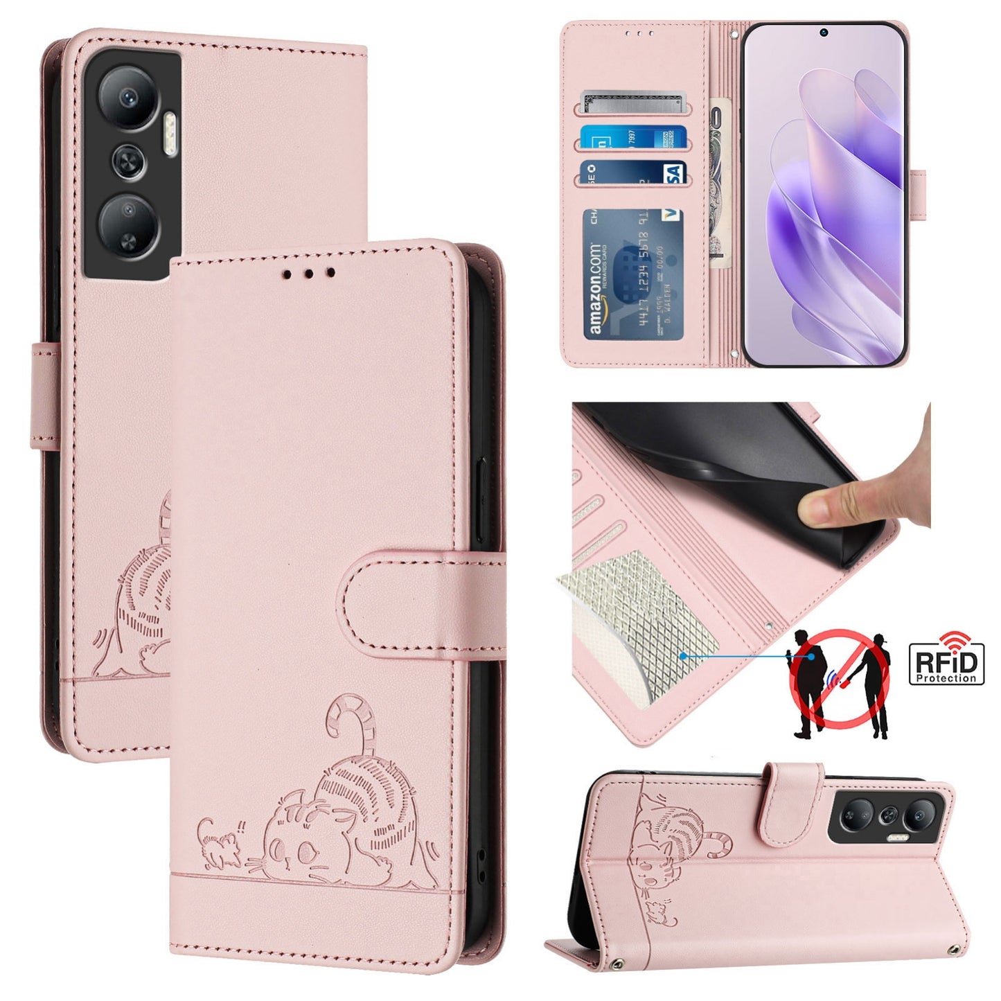 Infinix Hot 20 X6826 Cat & Rat Embossed RFID Leather Case, Lanyard, Wallet, Card Slots, Kickstand, Anti-Fall, Scratch-Resistant